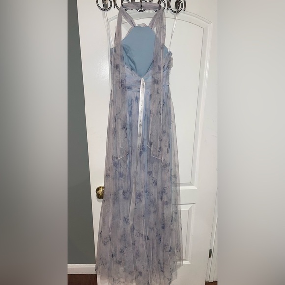 New! Dessy Collection Floral Tie-Back Halter Tulle Dress & Rosette Mist Garden🩵 - Picture 7 of 10